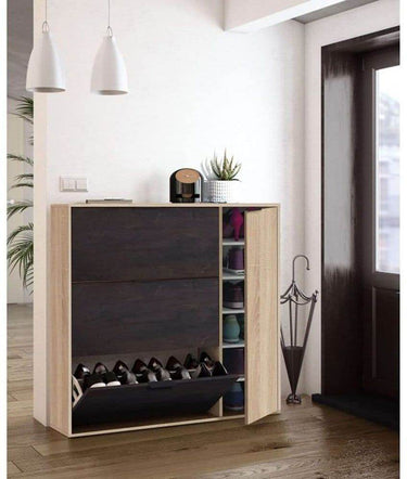 Marcos Oak Effect and Oxido Dark Brown Shoe Cabinet with 4 Doors - UK Luxury Furniture